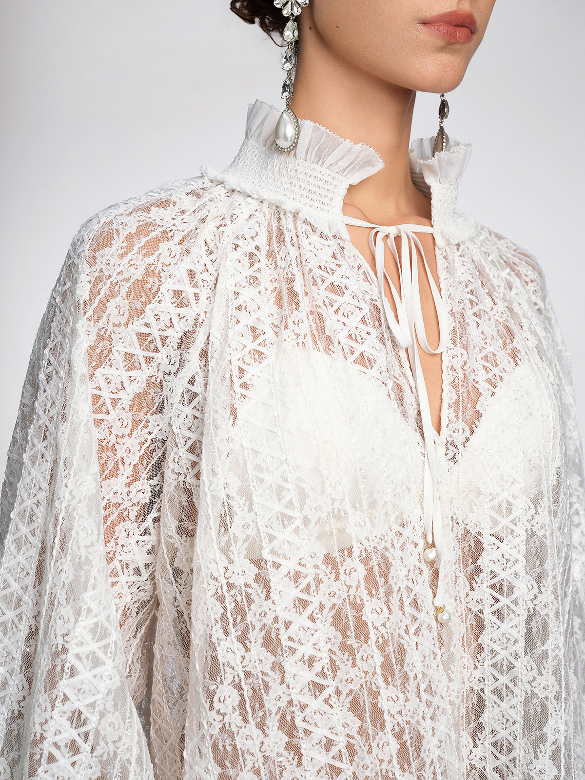 Eyelet Lace Ruffle High-Neck Blouse