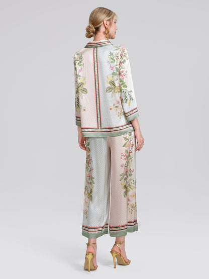 100% Silk Vintage Print Three-Quarter Sleeve Shirt