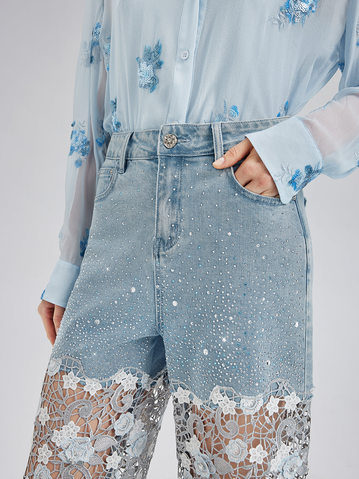 Elegant Rhinestone Lace Denim Jeans
