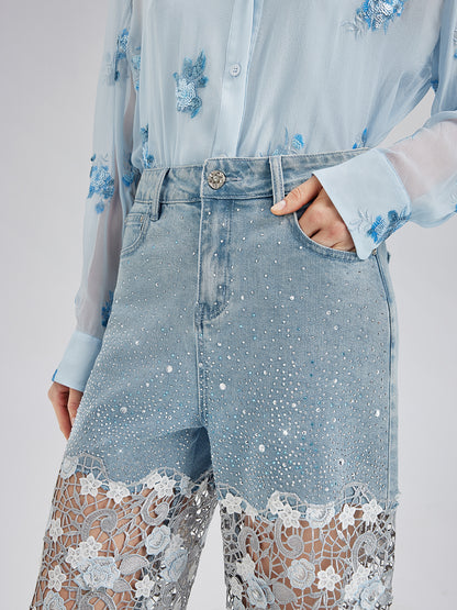 Elegant Rhinestone Lace Denim Jeans