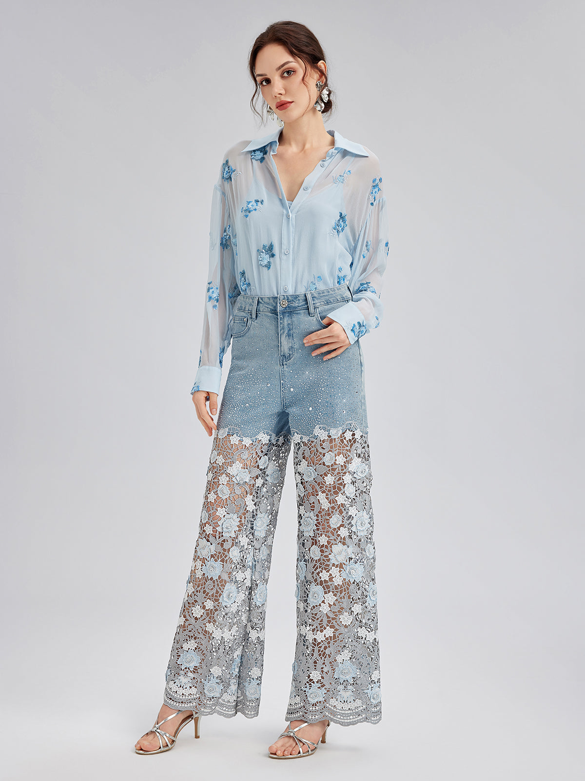 Elegant Rhinestone Lace Denim Jeans
