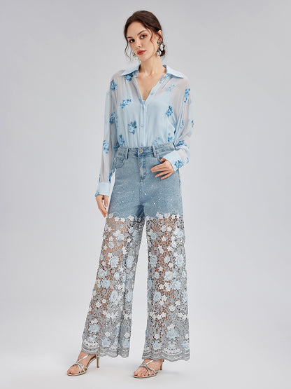 Elegant Rhinestone Lace Denim Jeans
