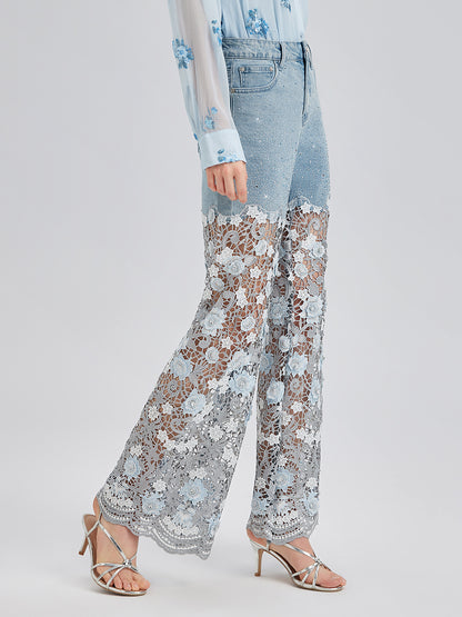 Elegant Rhinestone Lace Denim Jeans