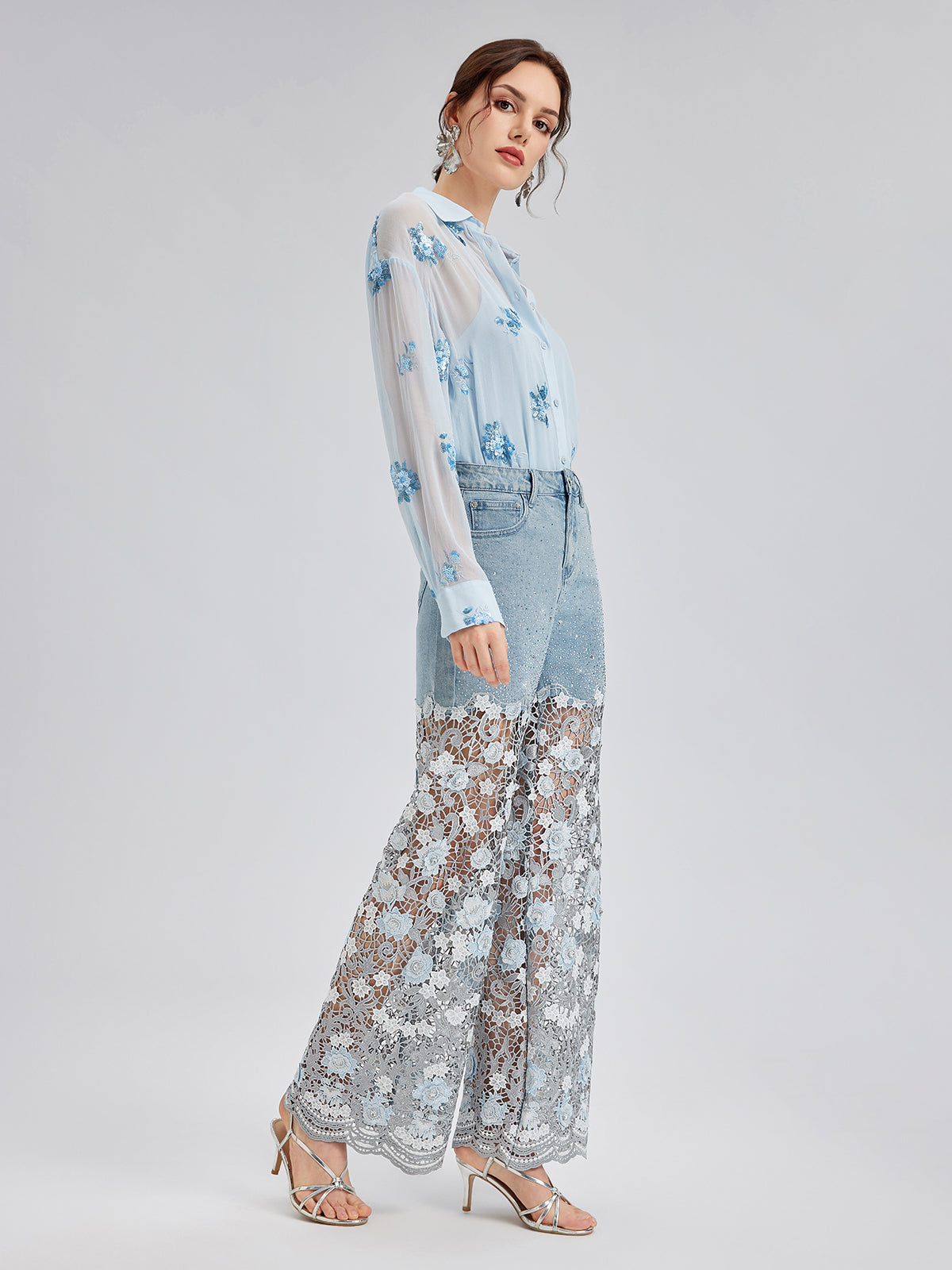 Elegant Rhinestone Lace Denim Jeans