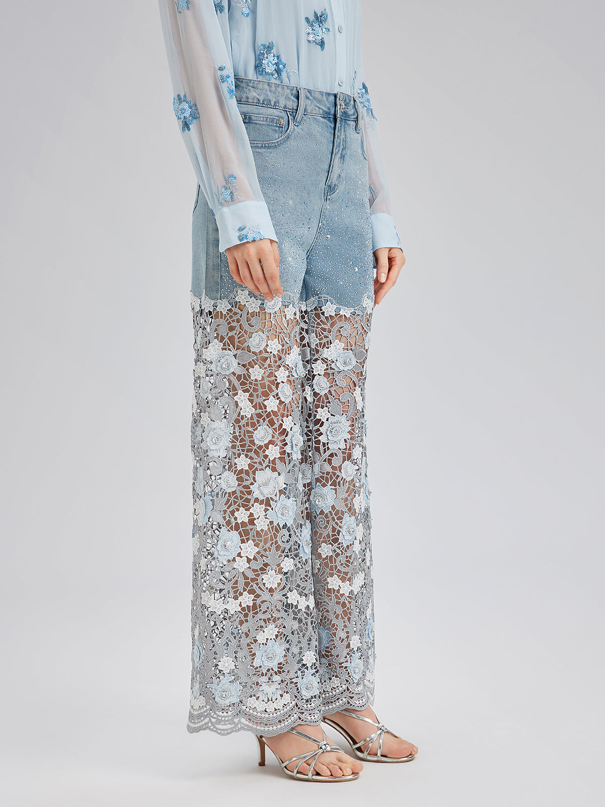 Elegant Rhinestone Lace Denim Jeans