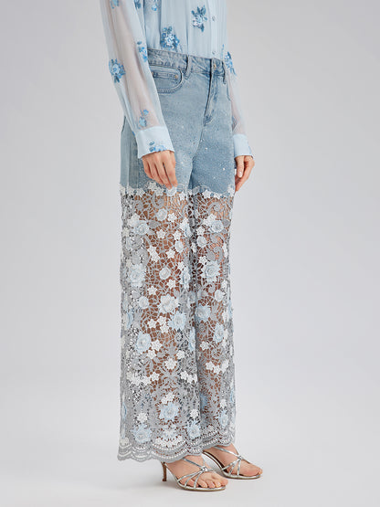 Elegant Rhinestone Lace Denim Jeans