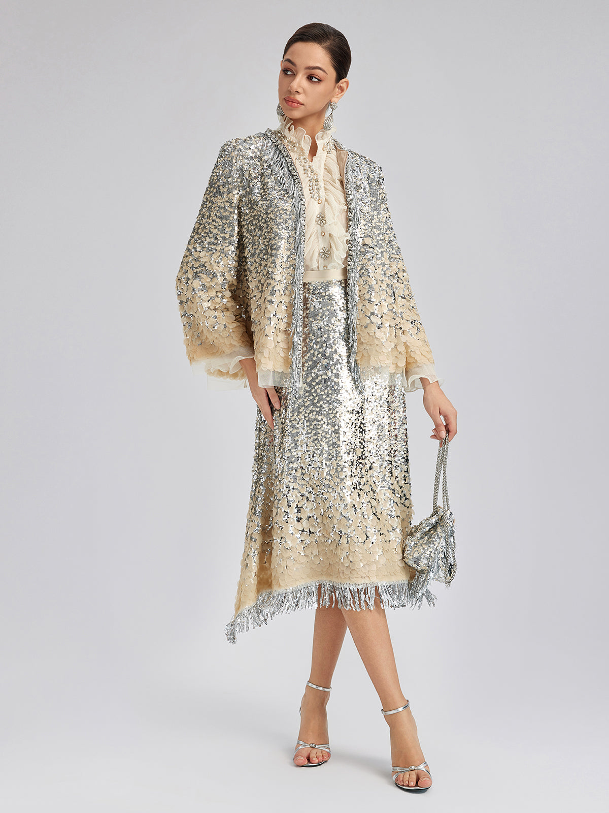 Ombre Sequin Fringe Elastic-Waist A-Line Skirt