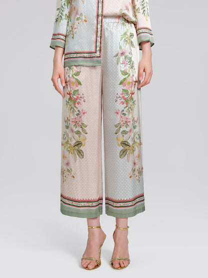 100% Silk Vintage Print Elastic Waist Cropped Wide-Leg Pants