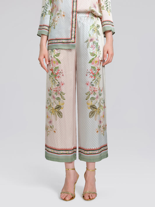 100% Silk Vintage Print Elastic Waist Cropped Wide-Leg Pants