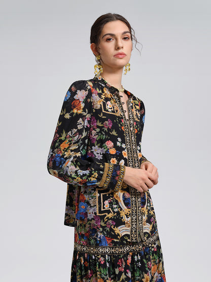 100% Silk Floral Print Rhinestone Blouse