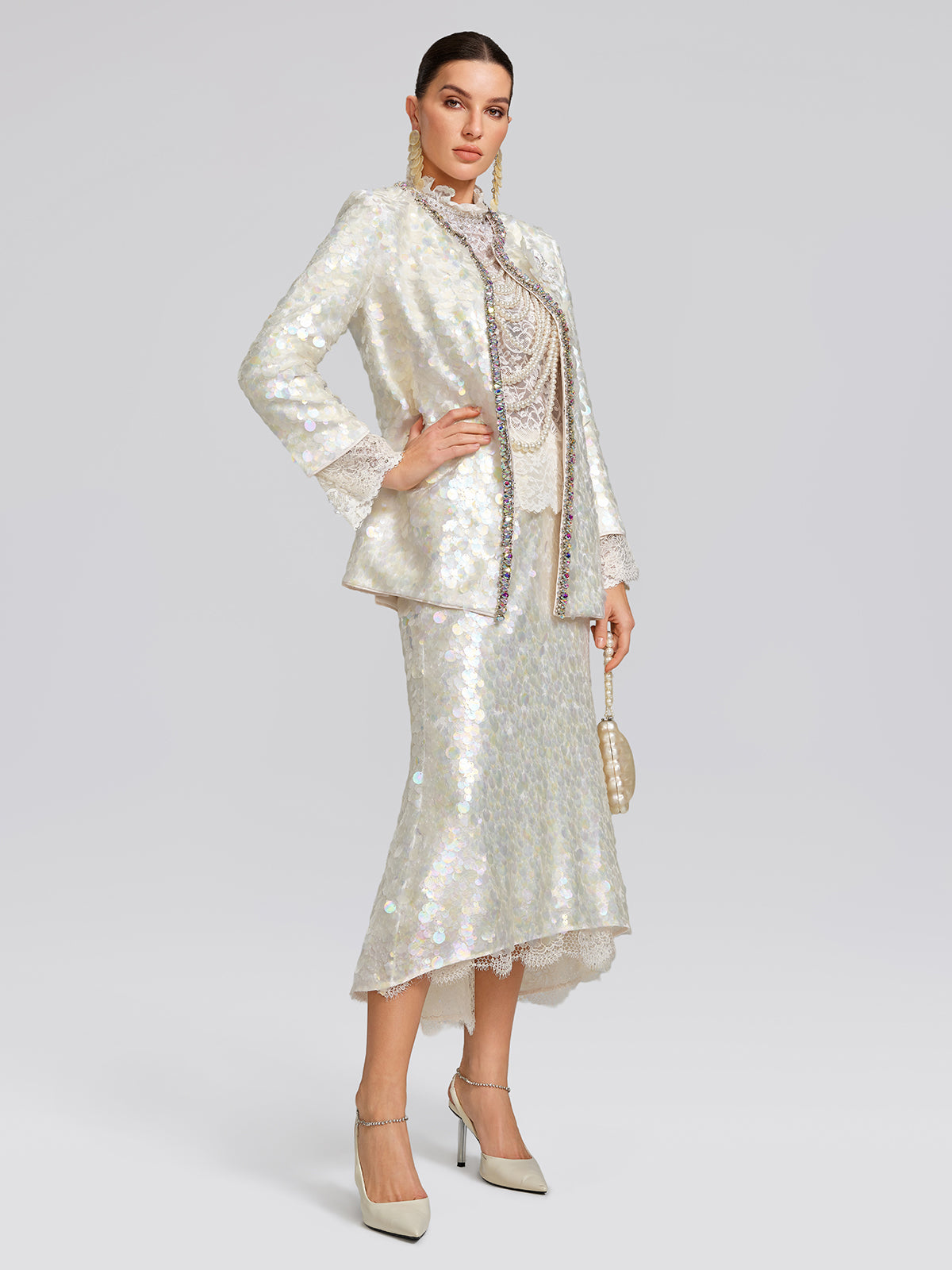 Iridescent Sequin Hand-Beaded Jacket (Detachable Flower Included)