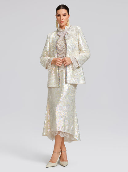 Iridescent Sequin Hand-Beaded Jacket (Detachable Flower Included)