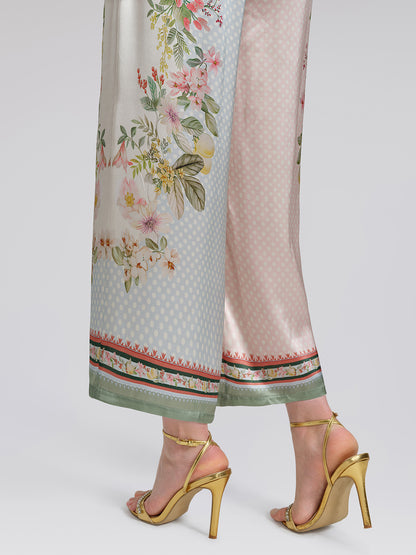 100% Silk Vintage Print Elastic Waist Cropped Wide-Leg Pants