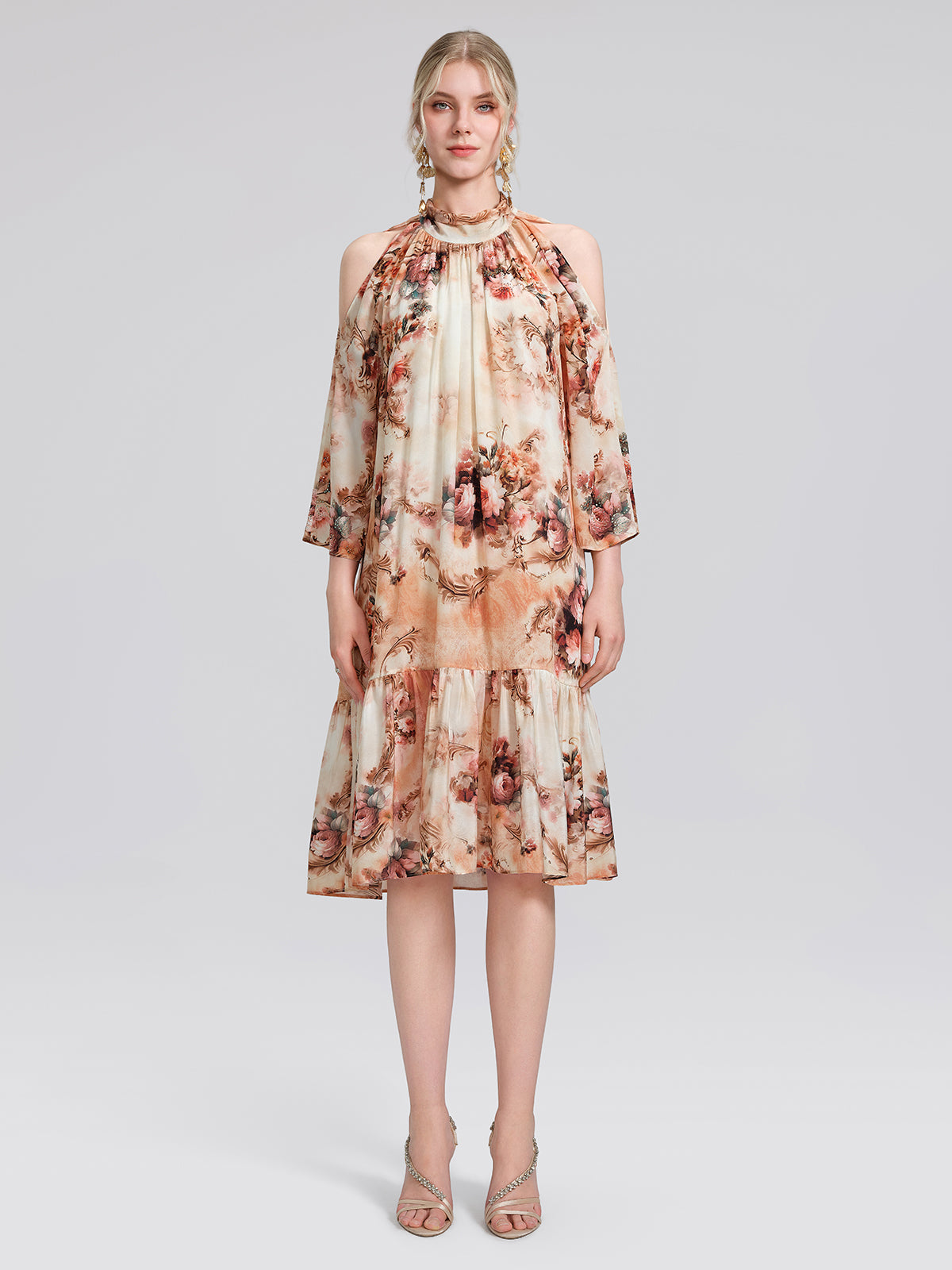 Silk Digital Floral Print Rhinestone Cut-Out Tie-Back Dress
