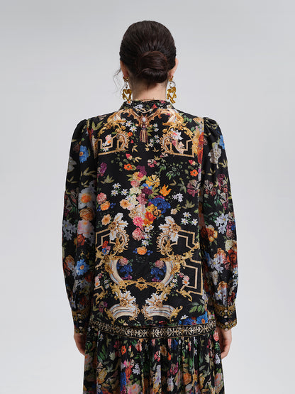 100% Silk Floral Print Rhinestone Blouse