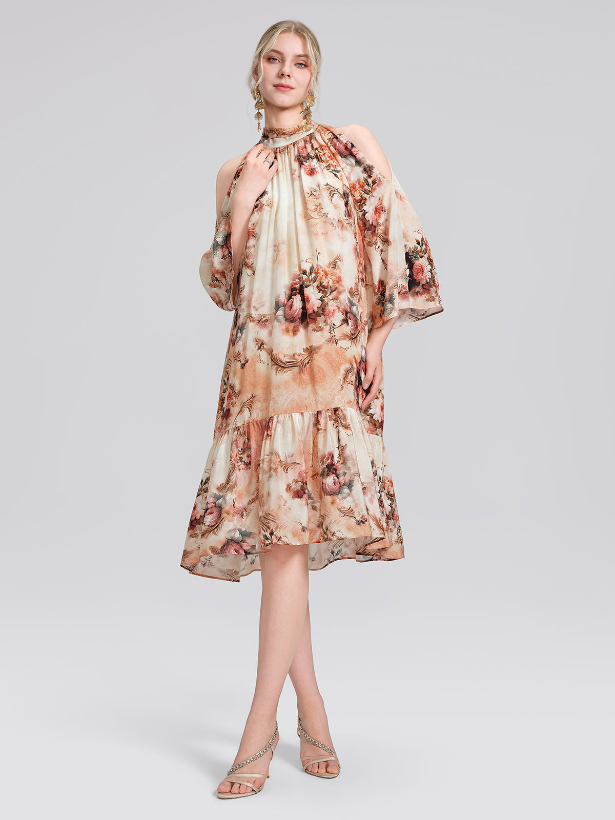 Silk Digital Floral Print Rhinestone Cut-Out Tie-Back Dress