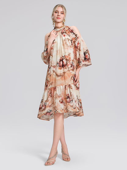Silk Digital Floral Print Rhinestone Cut-Out Tie-Back Dress