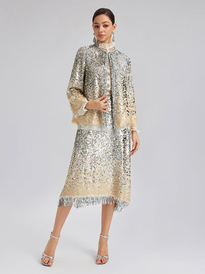 Ombre Sequin Fringe Elastic-Waist A-Line Skirt