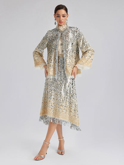 Ombre Sequin Fringe Elastic-Waist A-Line Skirt