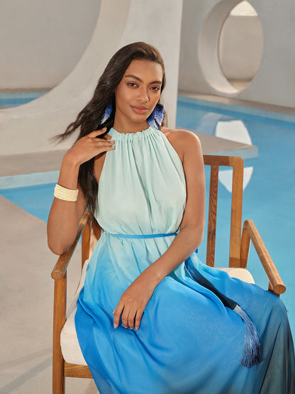 Pleated-Neck Tie-Detail Gradient Maxi Dress (Wasit Tie Included)