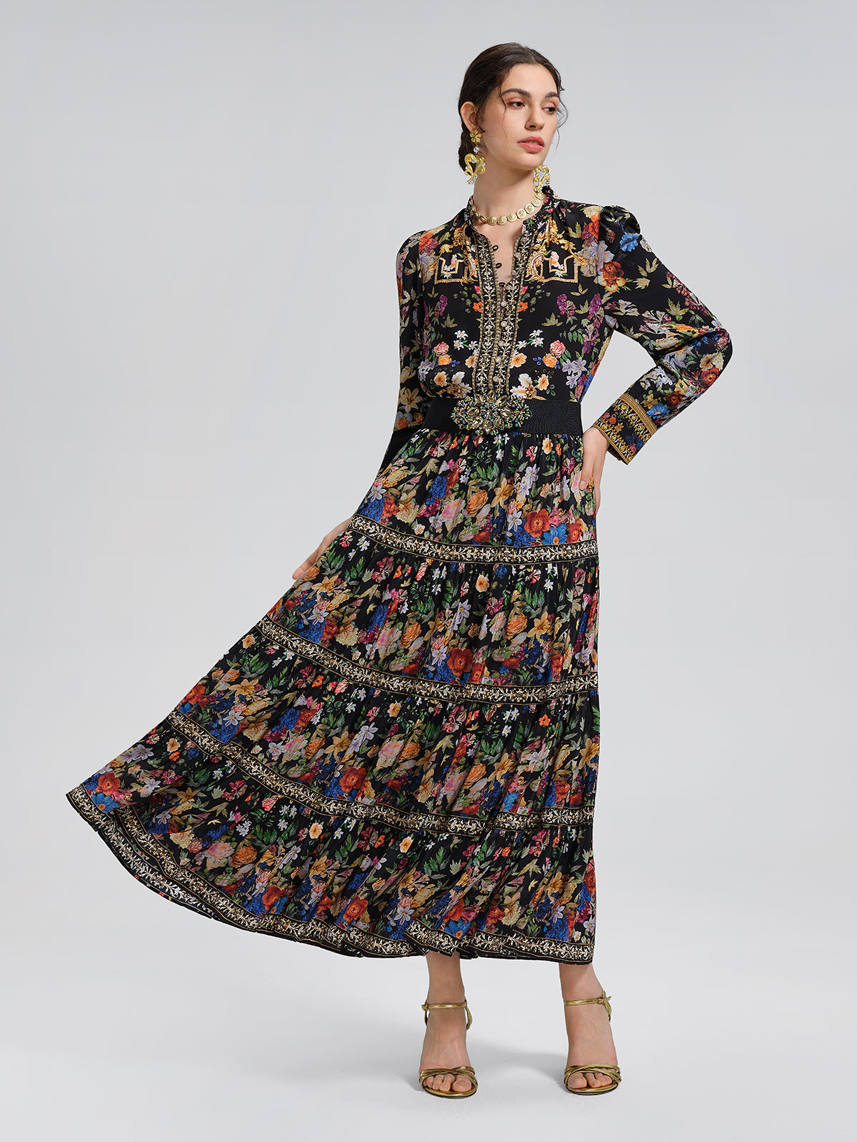 100% Silk Floral Print Rhinestone Blouse