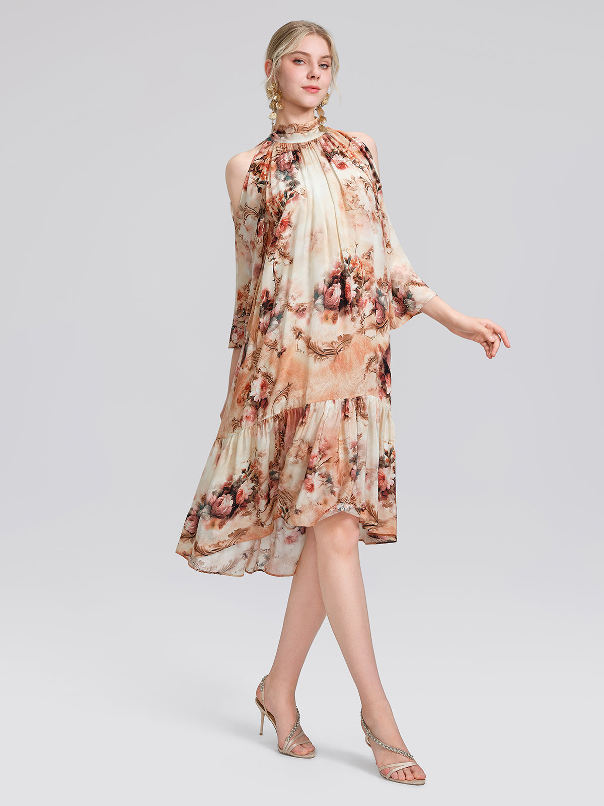 Silk Digital Floral Print Rhinestone Cut-Out Tie-Back Dress
