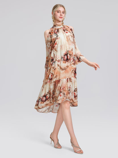 Silk Digital Floral Print Rhinestone Cut-Out Tie-Back Dress