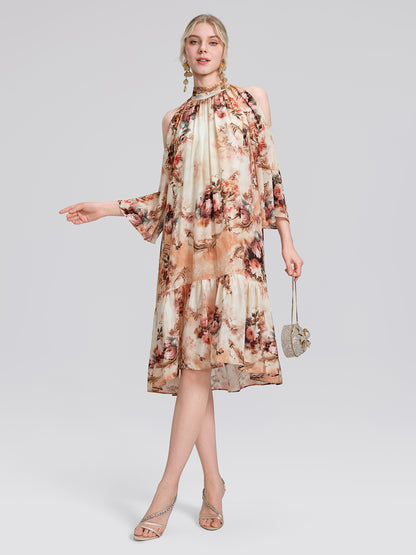 Silk Digital Floral Print Rhinestone Cut-Out Tie-Back Dress