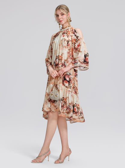 Silk Digital Floral Print Rhinestone Cut-Out Tie-Back Dress