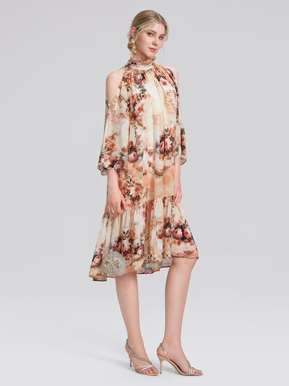 Silk Digital Floral Print Rhinestone Cut-Out Tie-Back Dress