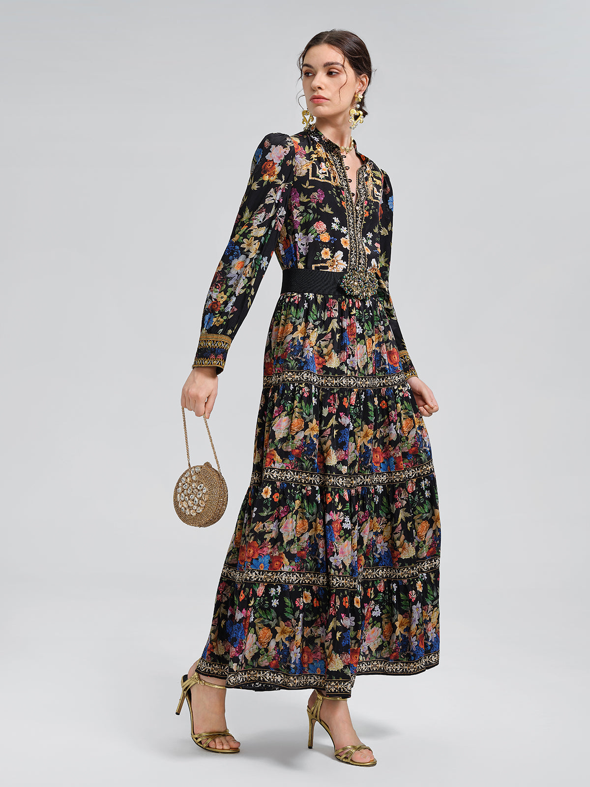 100% Silk Floral Print Rhinestone Blouse