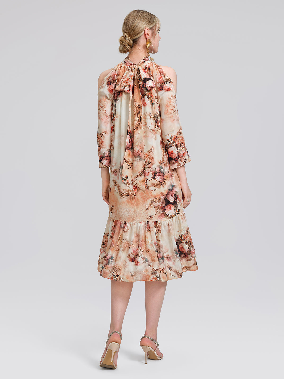 Silk Digital Floral Print Rhinestone Cut-Out Tie-Back Dress