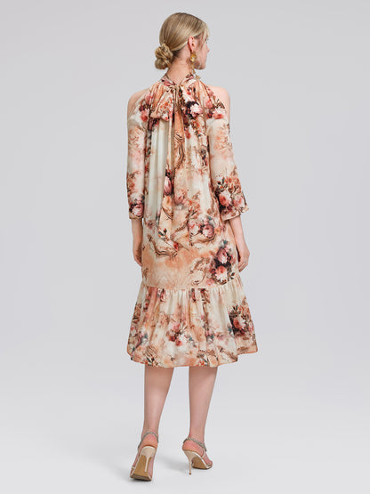 Silk Digital Floral Print Rhinestone Cut-Out Tie-Back Dress