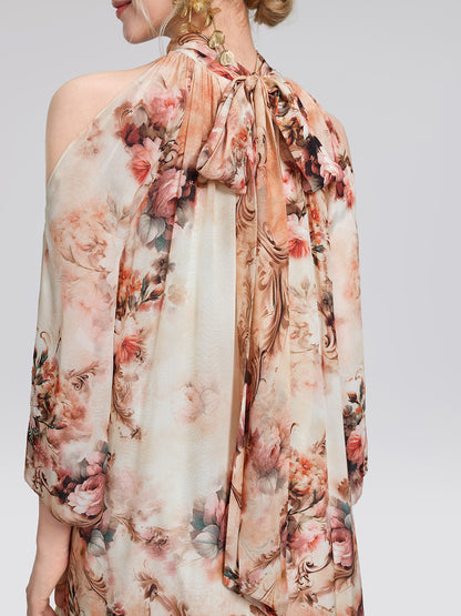 Silk Digital Floral Print Rhinestone Cut-Out Tie-Back Dress