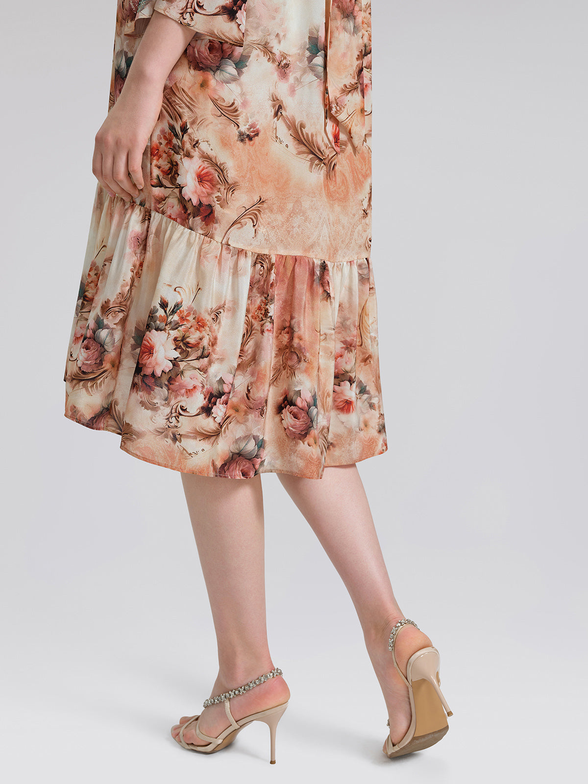 Silk Digital Floral Print Rhinestone Cut-Out Tie-Back Dress