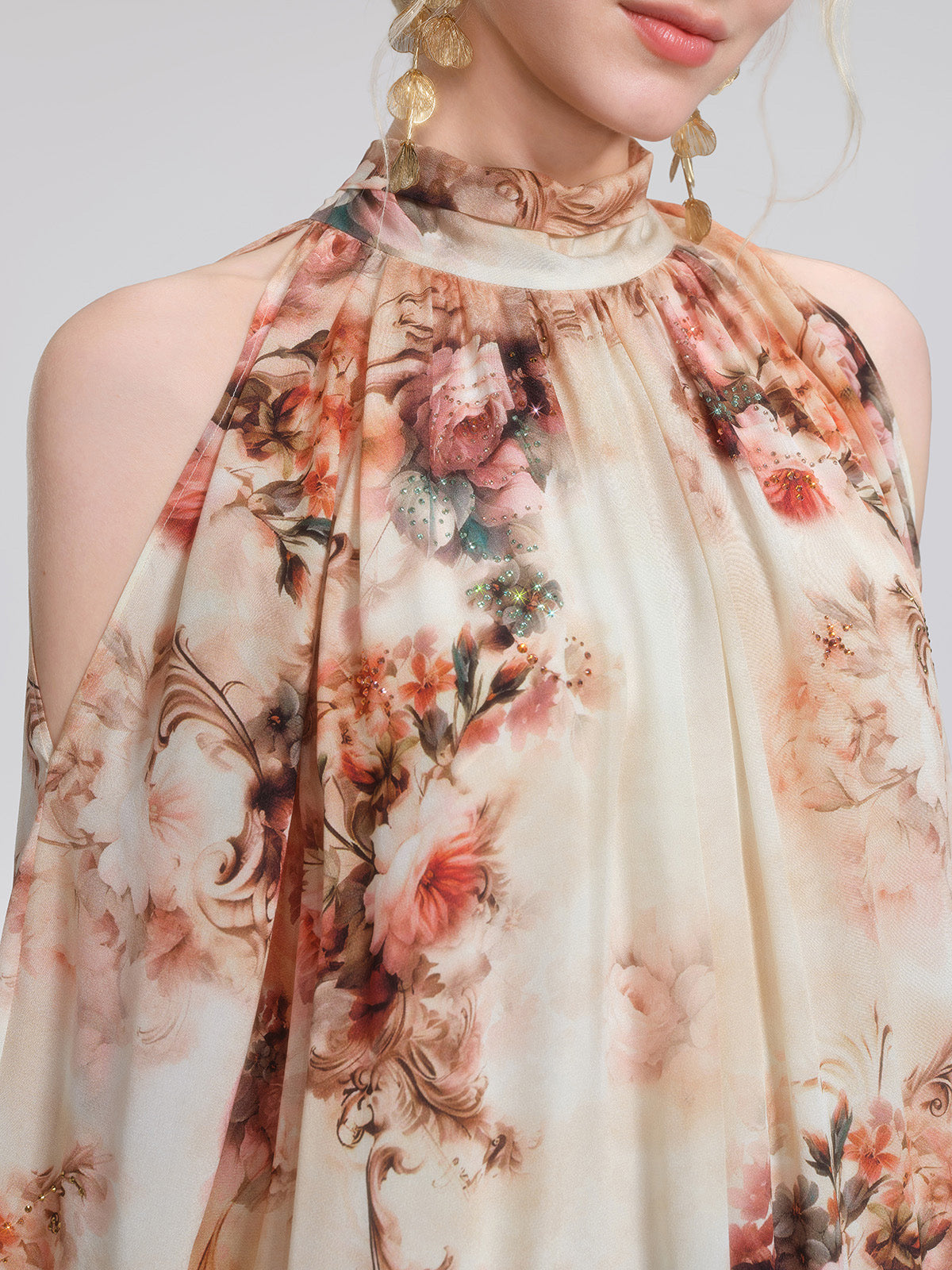 Silk Digital Floral Print Rhinestone Cut-Out Tie-Back Dress