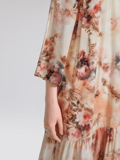 Silk Digital Floral Print Rhinestone Cut-Out Tie-Back Dress
