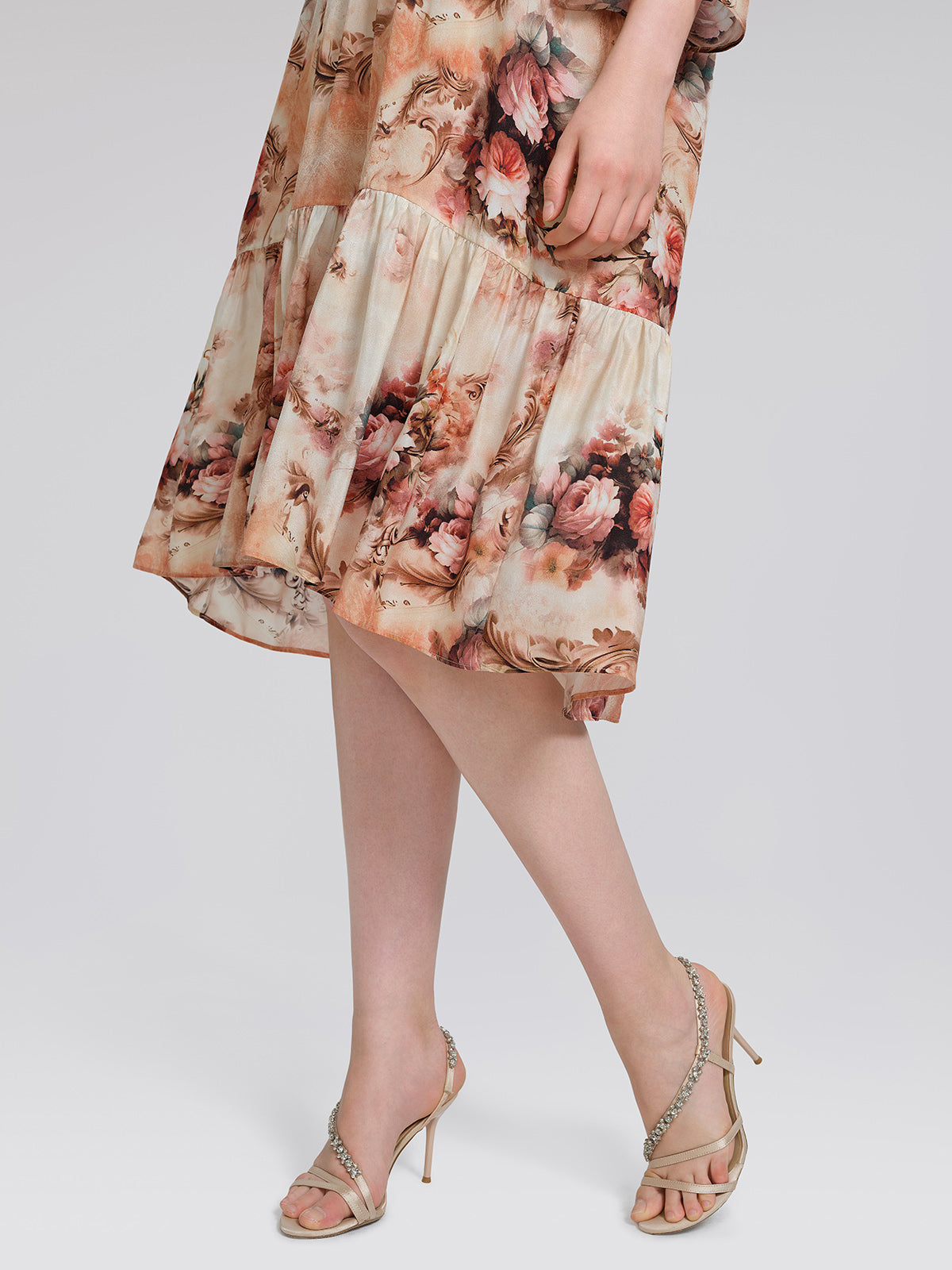 Silk Digital Floral Print Rhinestone Cut-Out Tie-Back Dress