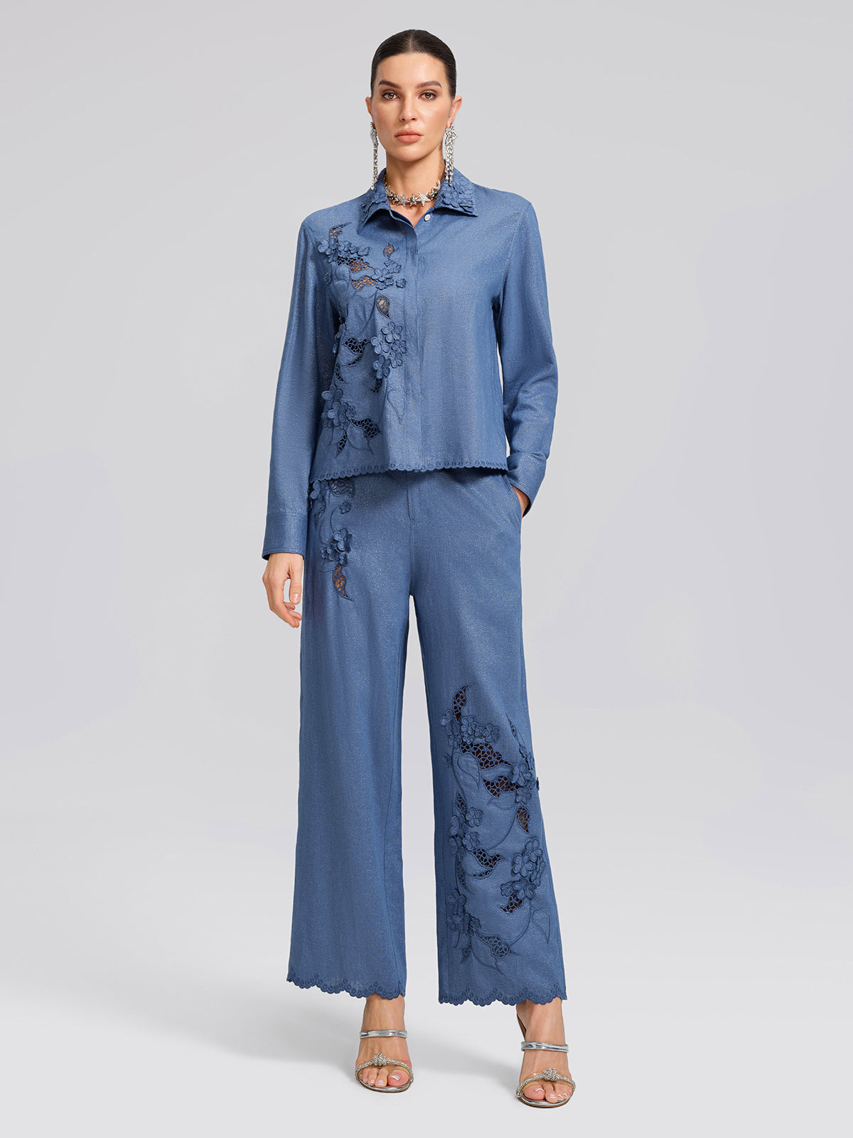 Art Cutout Floral Embroidered Linen Pants
