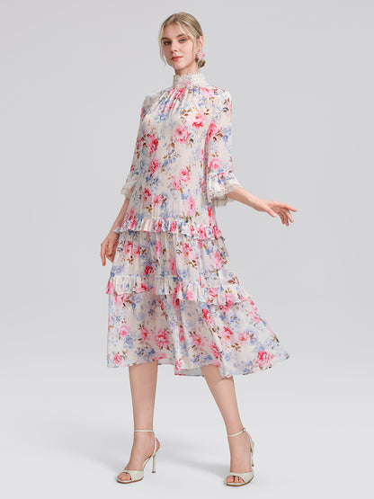 100% Silk Floral Lace Panel Ruffle Dress