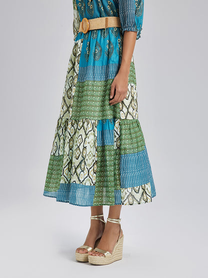 Final Sale | Elastic Waist Patchwork Ramie Skirt