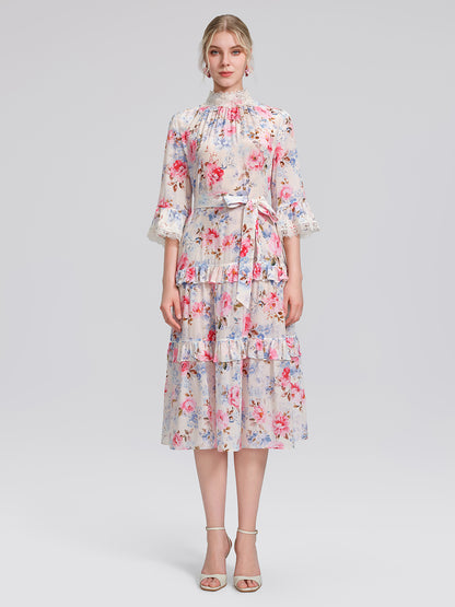 100% Silk Floral Lace Panel Ruffle Dress