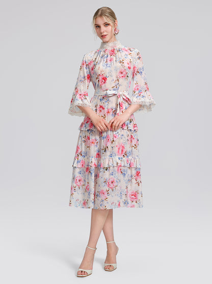 100% Silk Floral Lace Panel Ruffle Dress