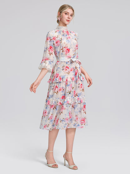 100% Silk Floral Lace Panel Ruffle Dress