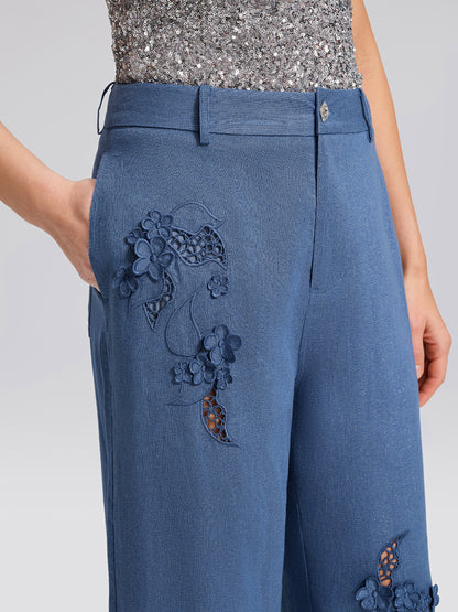 Art Cutout Floral Embroidered Linen Pants