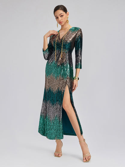 Gradient Sequin V-Neck Stretch Dress