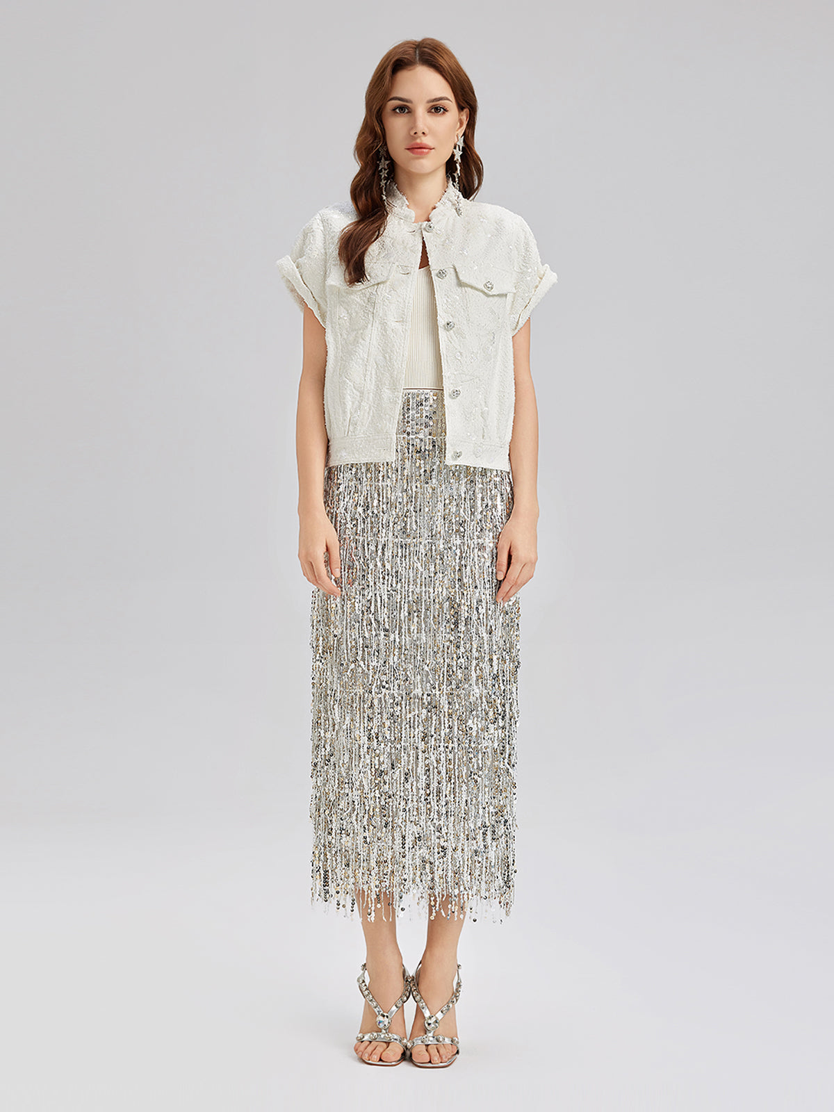 Sequin Soft Denim Stand-Collar Vest