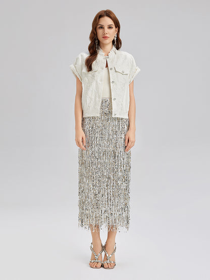 Sequin Soft Denim Stand-Collar Vest