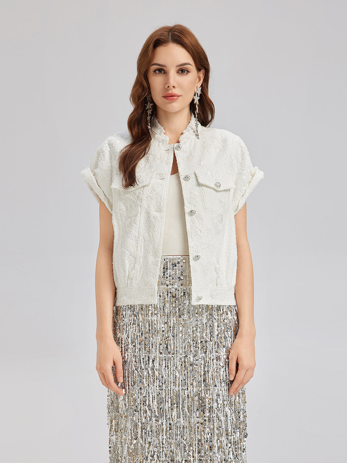 Sequin Soft Denim Stand-Collar Vest
