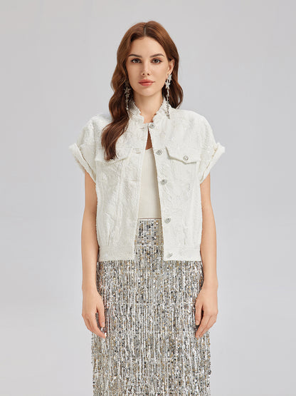 Sequin Soft Denim Stand-Collar Vest